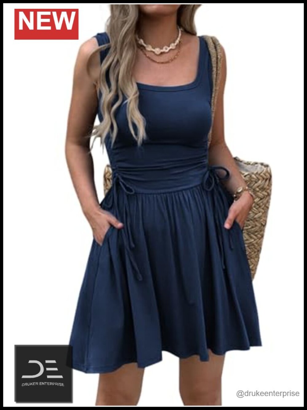 Sleeveless Mini Dress Ruched Drawstring Waist Pockets Casual A-Line
